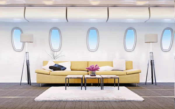 Airplane cabin with brown sofa — Stock Photo, Image