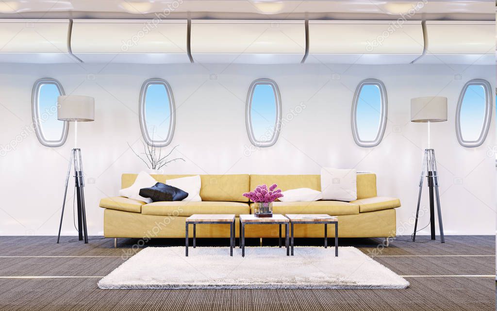 airplane cabin with brown sofa