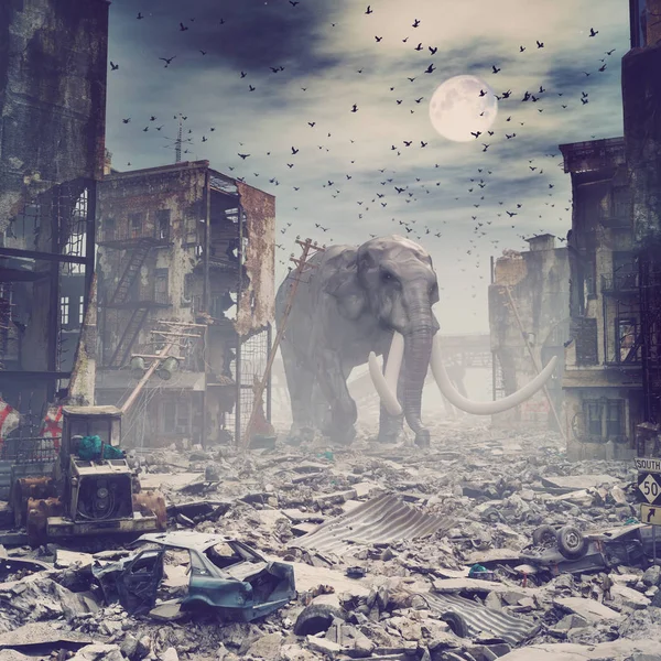 Giant elephant in destroyed city — Stock Photo, Image