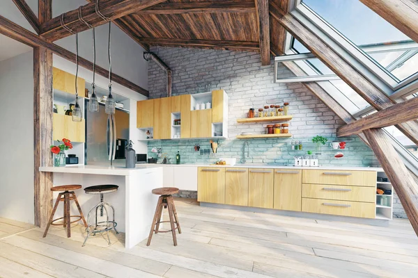 Attic kitchen interior — Stock Photo, Image