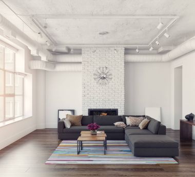 Modern oturma odası iç. 3D render. kavramı