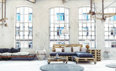 tavan arasında salon iç. Palet mobilya .3d illüstrasyon