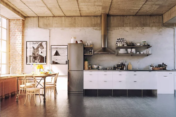 Moderno Loft Interno Della Cucina Rendering Concetto — Foto Stock