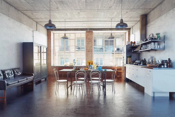 Moderno Loft Interior Cocina Concepto Renderizado — Foto de Stock