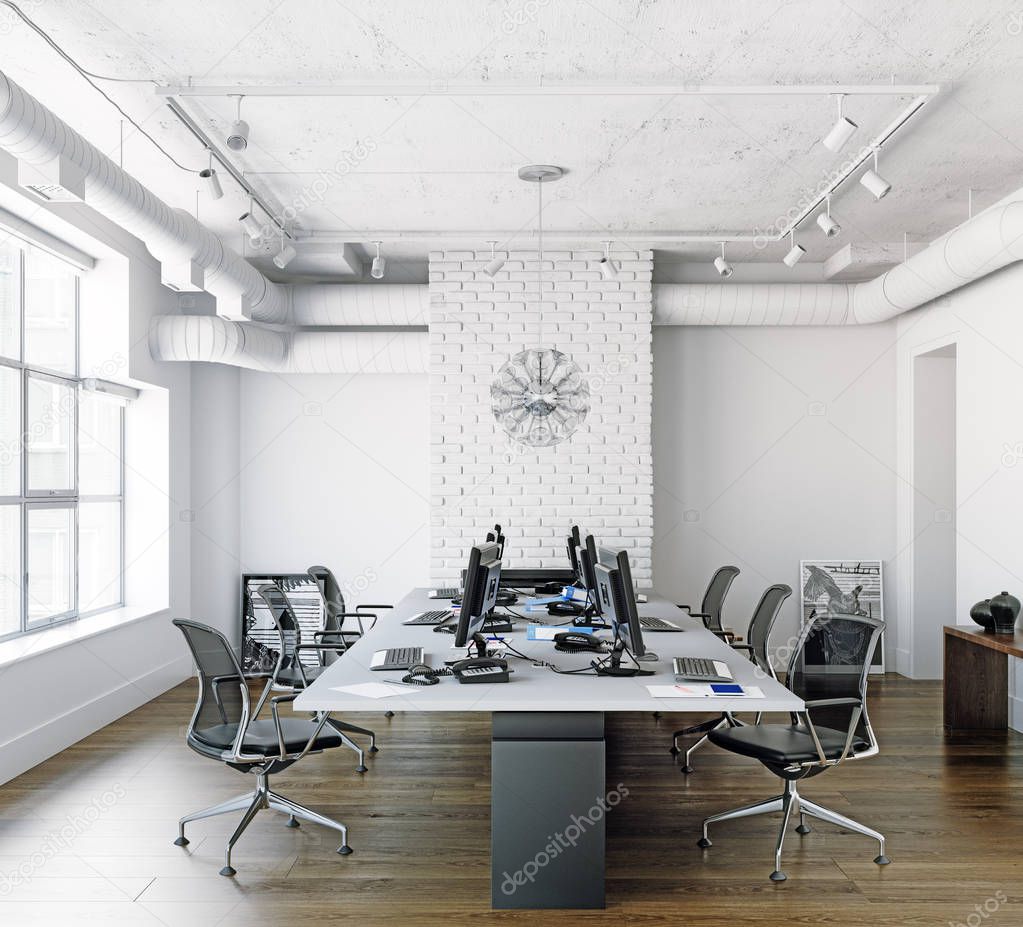 Modern loft office interior. Contemporary business concept. 3d rendering
