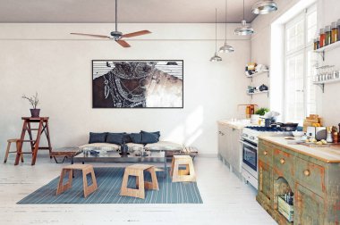 Modern mutfak iç tasarım, 3d render 