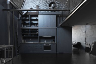 modern black loft kitchen interior, 3d concept clipart