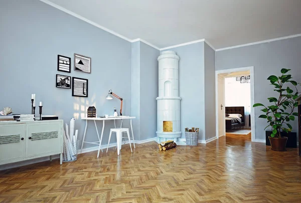 modern apartment interior with classic swedish stove, Scandinavian design style, 3d rendering illustration