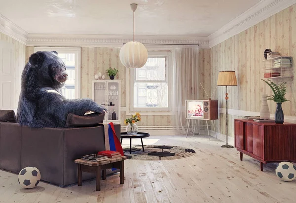 Російський Ведмідь Відпочинку Кімнаті Дивані Дивитися Футбол Телебаченні Творча Ілюстрація — стокове фото