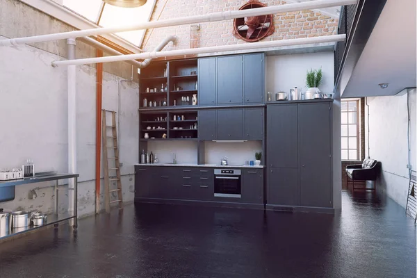 Moderne Zwarte Loft Keuken Interieur Concept — Stockfoto