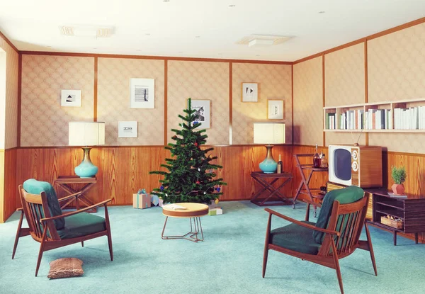 Retro Style Christmas Interior Concept Illustration — Stock Photo, Image