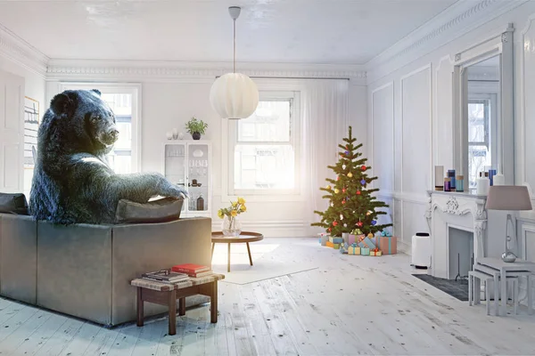 在沙发上的圣诞庆典装饰房间里放松一下 创意插画 相片和 元素组合 添加的噪音和纹理 — 图库照片