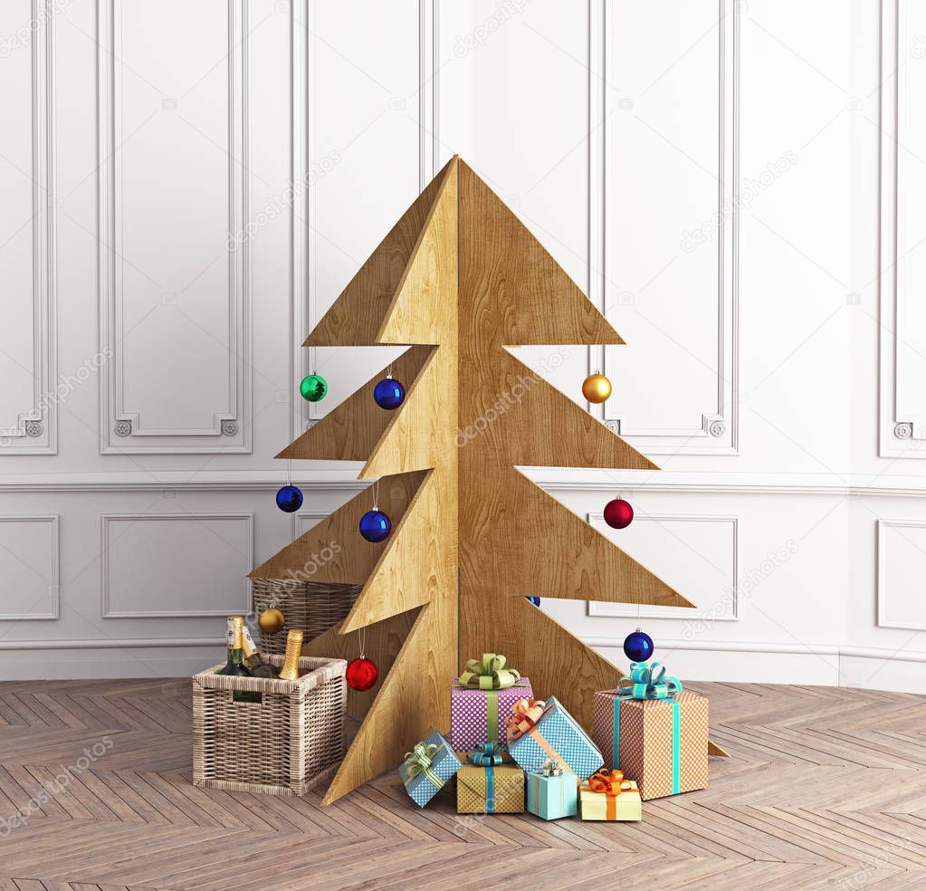 Plywood Christmas tree in the luxury interior. 3d concept