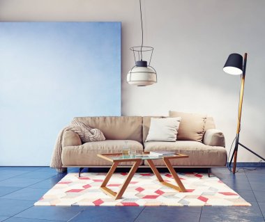 modern oda iç. kanepe ve duvar. 3D render kavramı