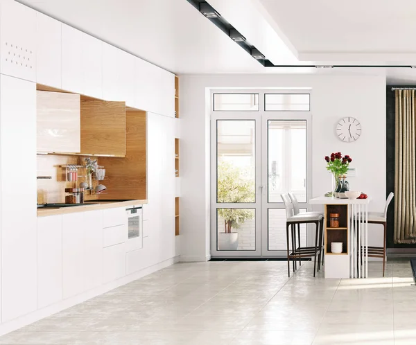 Moderne Keuken Interieur Lichte Tinten Rendering — Stockfoto