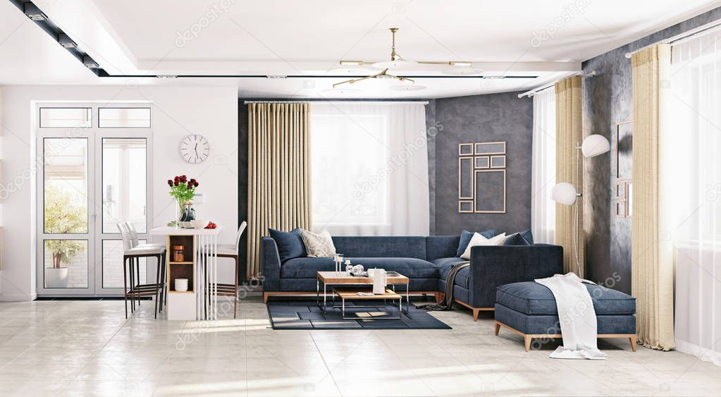 modern apartment living room . 3D rendering illustration