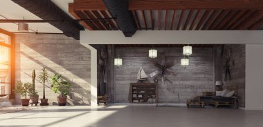 Modern çatı katında salon iç. 3D render kavramı