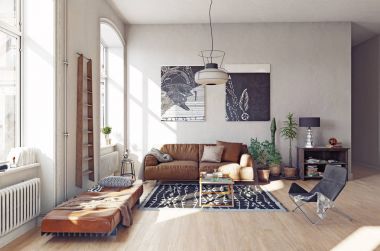 Modern oturma odası iç. 3D render kavramı