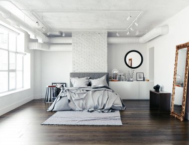 Modern çatı katı yatak odası iç konsepti. 3D render.