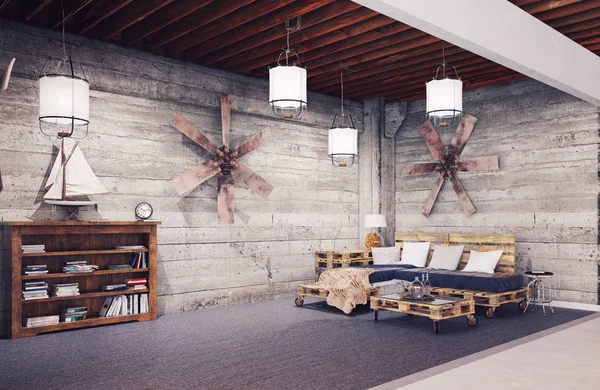 Moderno Loft Salón Interior Concepto Renderizado — Foto de Stock