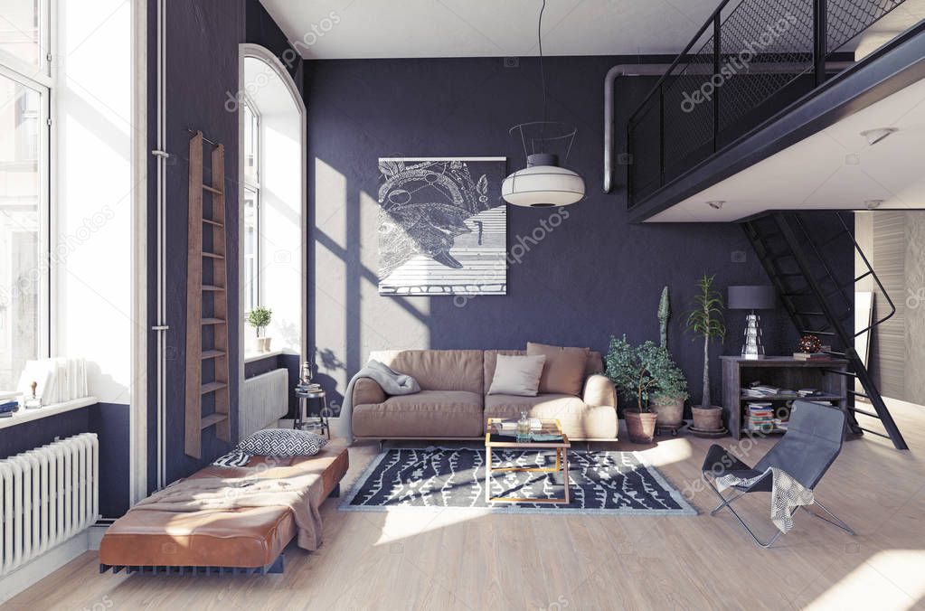 modern living room interior. 3D render concept