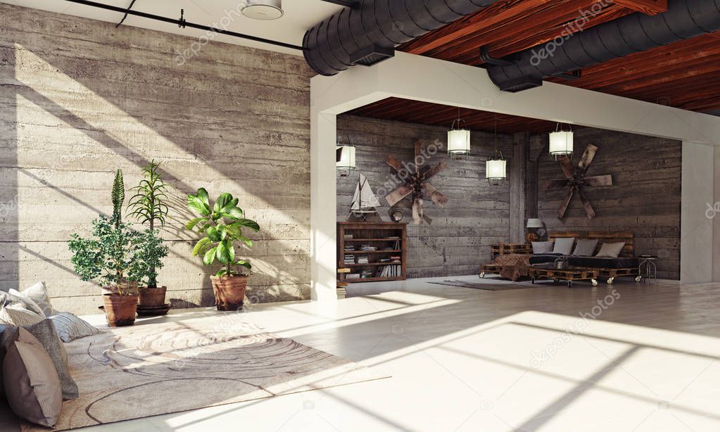 Modern loft living room interior. 3D rendering concept