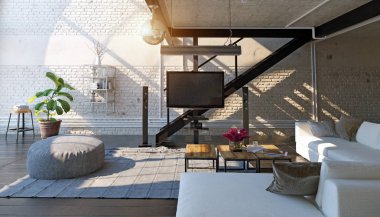 Modern çatı katında salon iç 3D