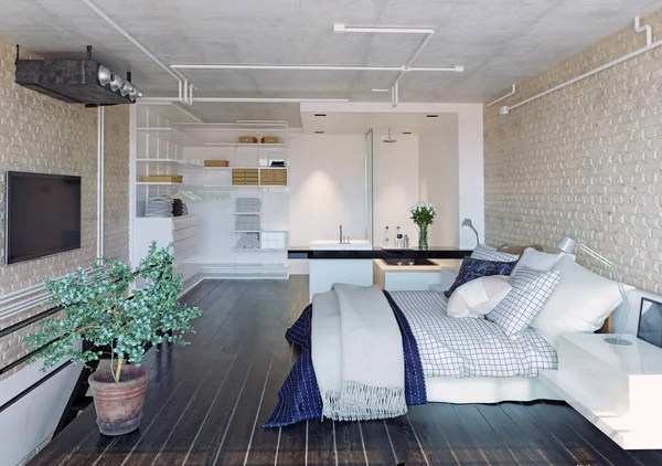 Moderno Loft Dormitorio Interior Con Pared Ladrillo — Foto de Stock