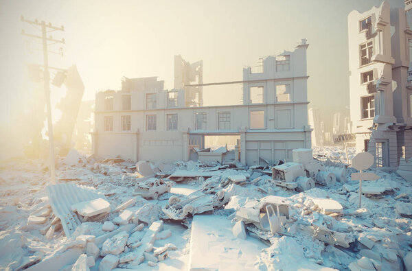 sunset in apocalyptic white city with destroyed buildings in 3D
