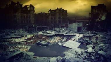 View of apocalyptic buildings ruins on sunset background clipart