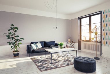 Modern oturma odası tasarımı ile gri duvarlar ve büyük pencere görünümünü köşe