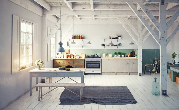 Vooraanzicht Van Vintage Stijl Keuken Interieur Met Houten Tafel Buurt — Stockfoto