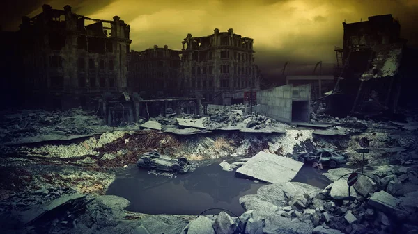 Weergave Van Apocalyptische Gebouwen Ruïnes Zonsondergang Achtergrond — Stockfoto