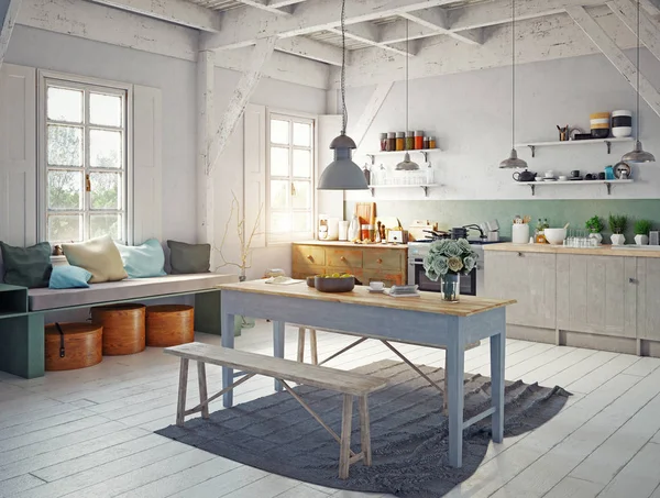 Eckansicht Der Küche Vintage Stil Mit Holztisch Der Mitte Und — Stockfoto