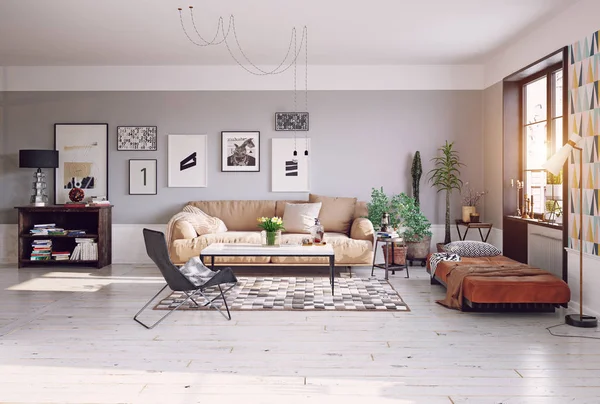 Frontansicht Modernes Wohnzimmerdesign Mit Holzkommode Bildern Grauer Wand Und Großem — Stockfoto