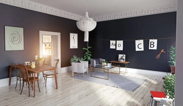 Moderne Wohnzimmereinrichtung Mit Schwarzen Wänden Und Weißem Holzboden — Stockfoto