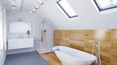 Modern tavan banyo iç ahşap duvar ve gri zemin ile. 3D illüstrasyon kavramı