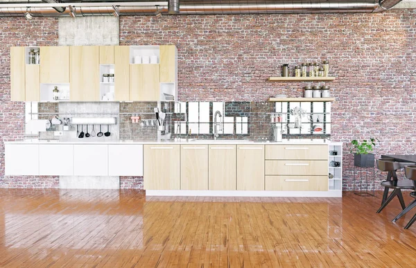 Çatı Katı Tarzında Modern Mutfak Bölge Render Kavramı — Stok fotoğraf