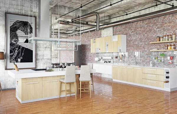 Moderne Keuken Zone Met Bakstenen Muur Loft Stijl Rendering Concept — Stockfoto