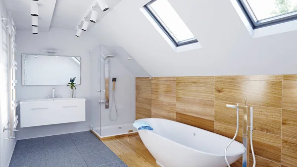 Modern attic Bathroom interior with wooden wall and grey floor. 3d illustration concept