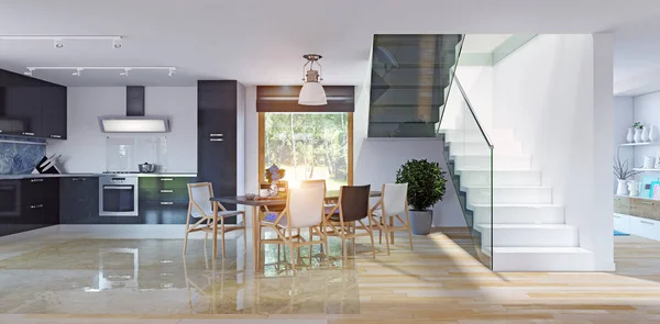 Interno Casa Moderna Con Scale Bianche Concetto Rendering — Foto Stock
