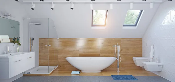 现代阁楼浴室内有木墙和灰色地板 插图概念 — 图库照片