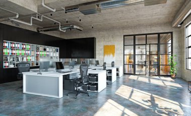 Modern çatı katı iç mimarisi, 3D iş konsepti tasarımı