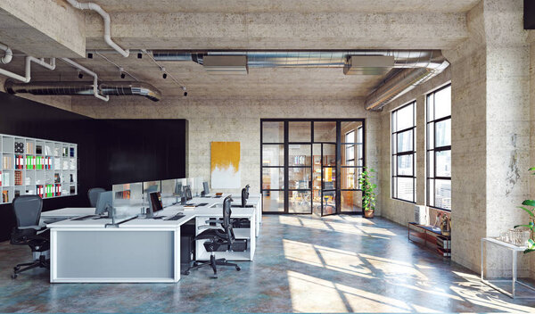 современный интерьер лофта офиса, 3D рендеринг бизнес-концепция дизайна
