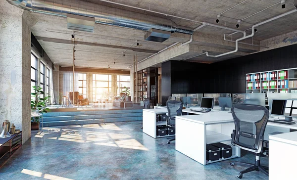 Interior Oficina Loft Moderno Renderizado Diseño Concepto Negocio — Foto de Stock