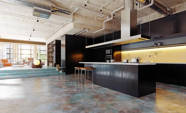 Moderno Loft Cozinha Interior Conceito Design Renderização — Fotografia de Stock