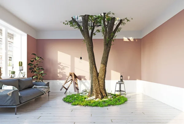 Árvore Gigante Sala Quebrando Ceiling Renderização Conceito Criativo — Fotografia de Stock
