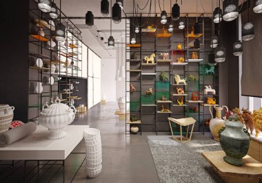 Antika dükkanının içi. 3d tasarım kavramı