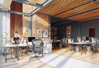 Çağdaş çatı katı iç mimarisi. 3d tasarım kavramı