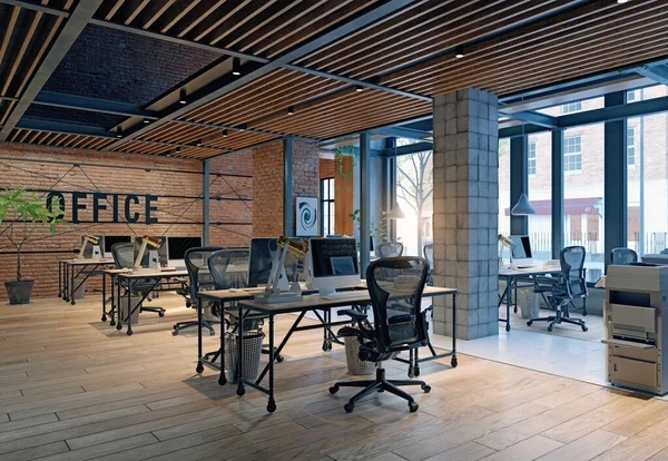 Contemporary Loft Office Interior Rendering Design Concept — Stock Photo, Image